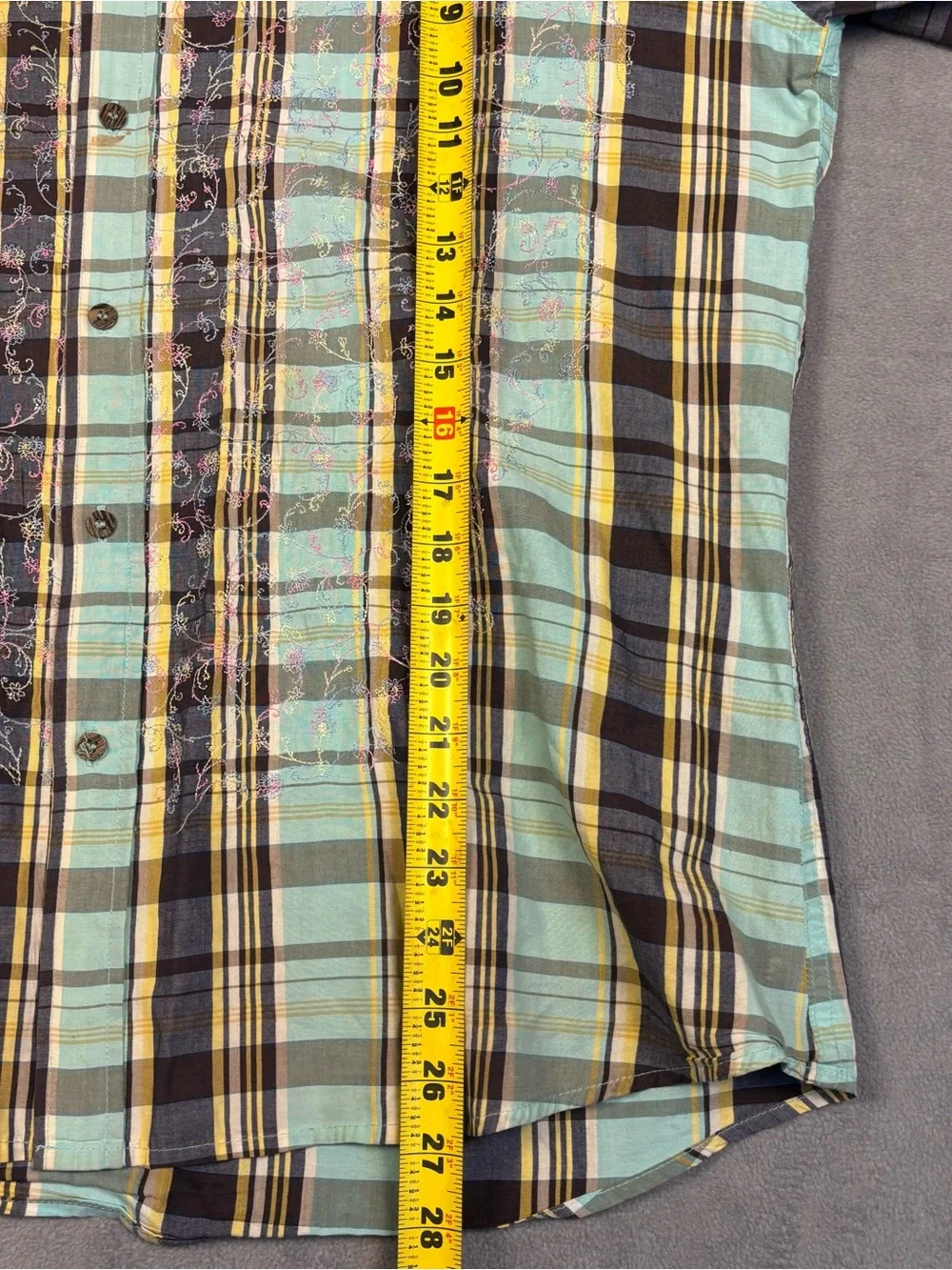 Atti Mens XL Button Up Shirt Plaid Floral Embroidered Long Sleeve Mint Green